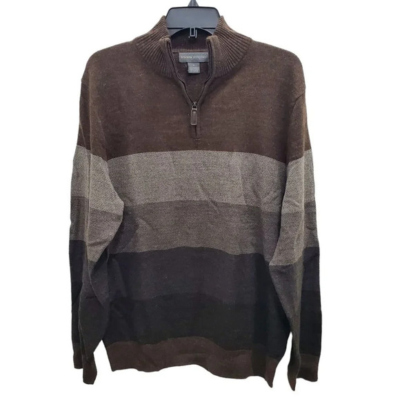 Tricots St. Raphael Men's‎ Brown Earthy Stripe 1/4 Zip Mock Neck Pullover Size L - Picture 1 of 4